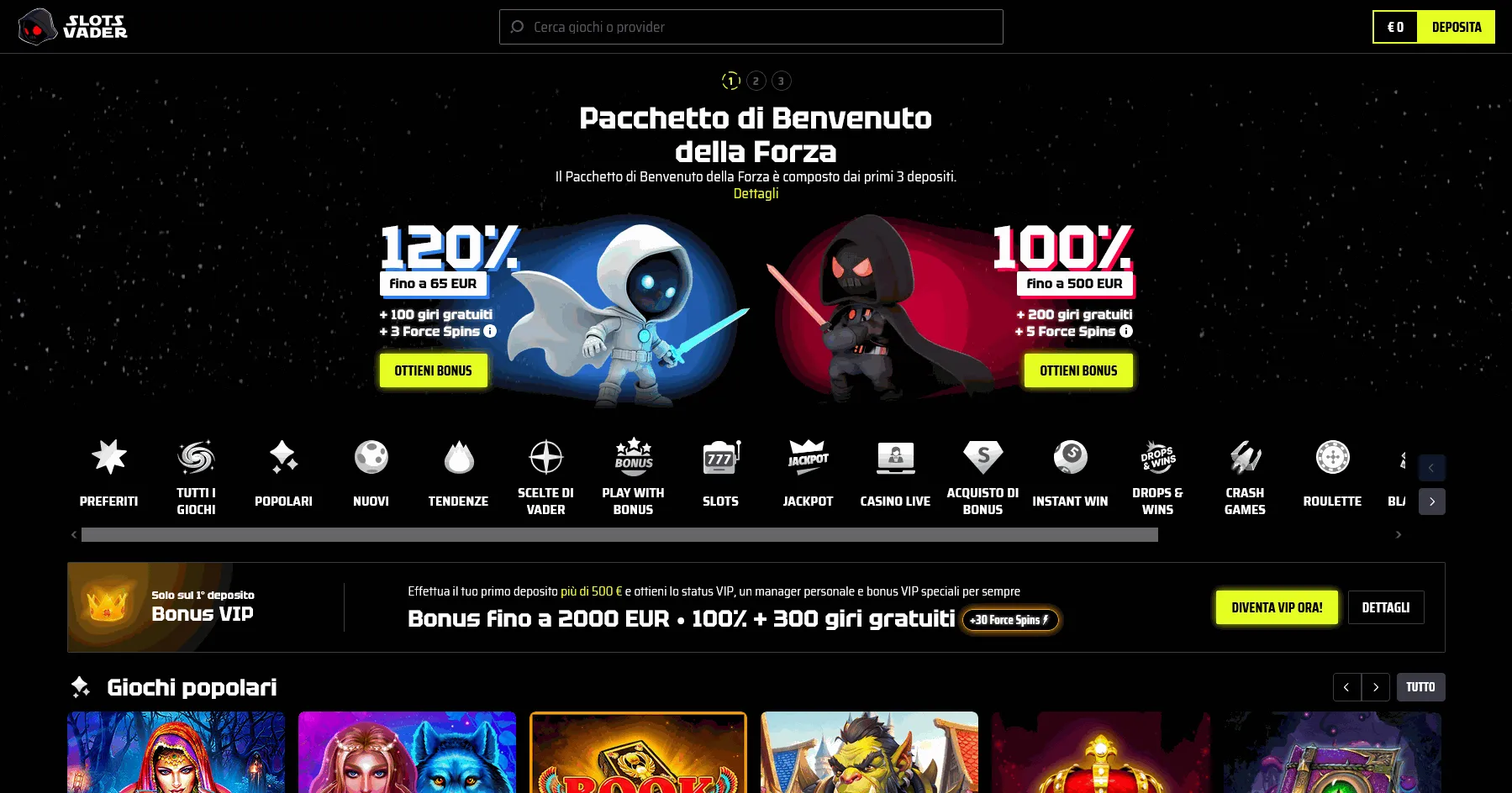 Bonus di benvenuto del casinò online SlotsVader Pagina iniziale del casinò SlotsVader